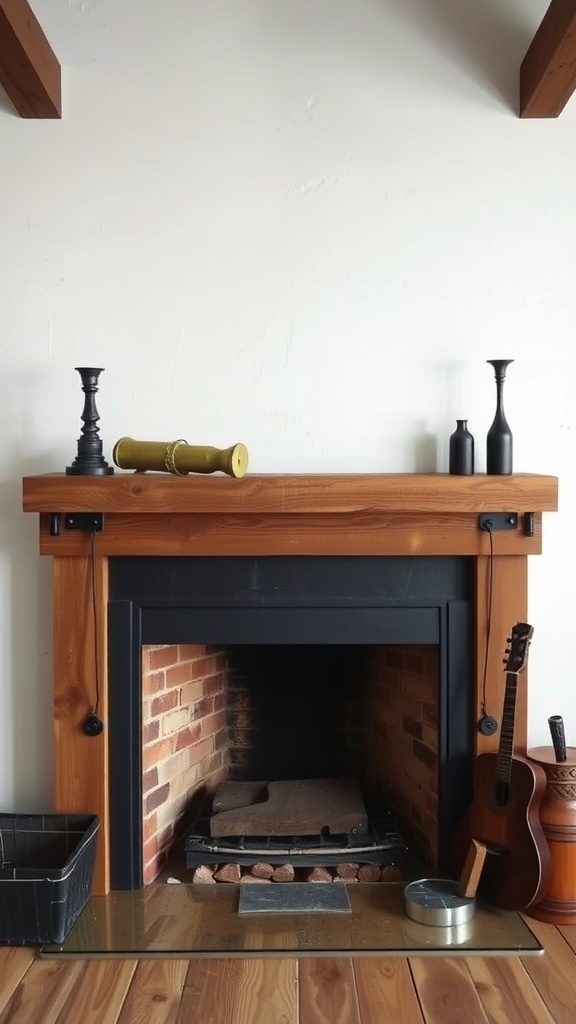 A rustic fireplace mantel made of wood with metal accents, featuring decorative items.