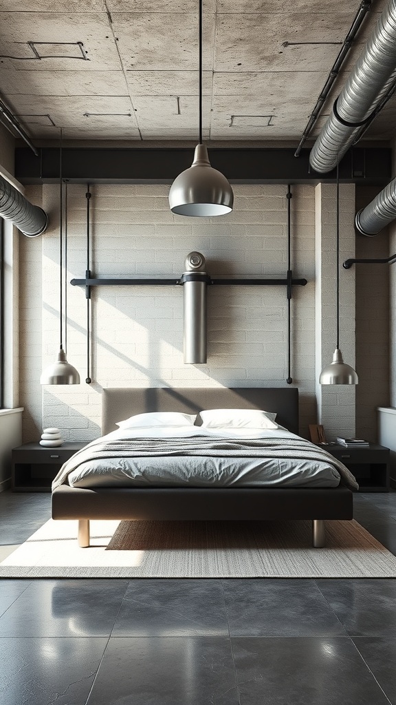 A stylish bedroom with industrial silver lighting fixtures above the bed.