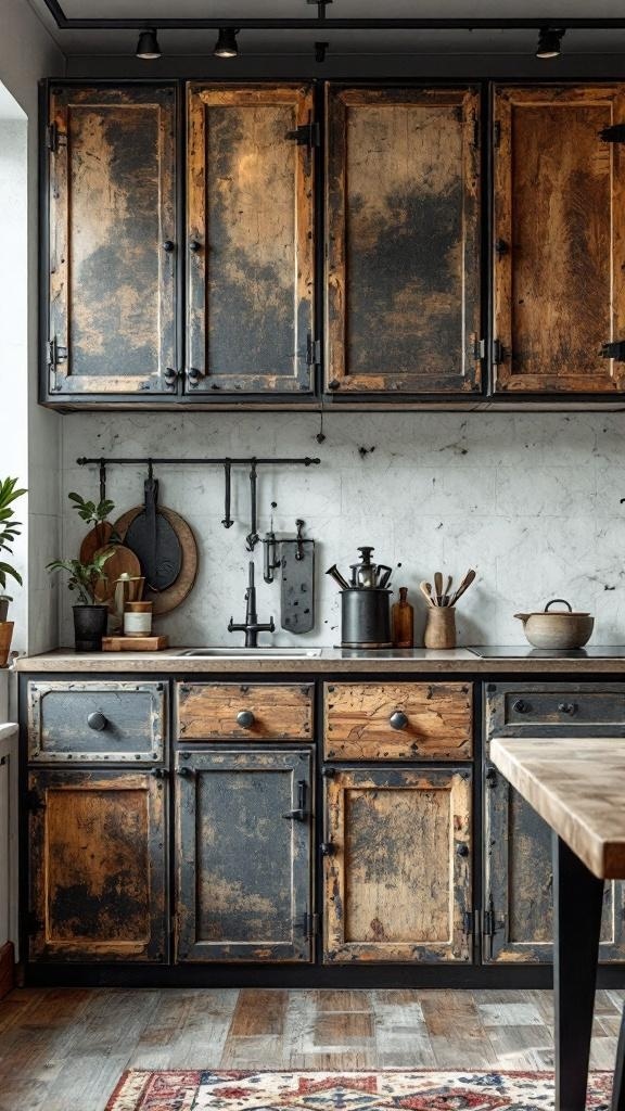 Industrial style kitchen cabinets with a mix of wood and metal finishes