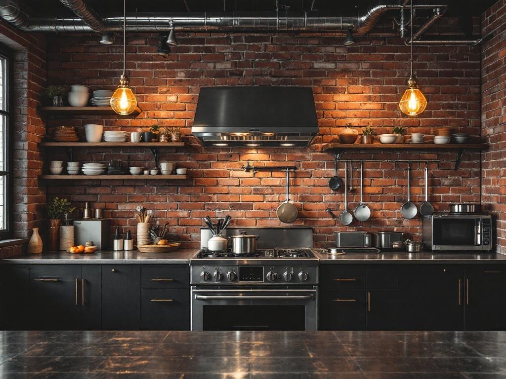 An industrial style kitchen featuring exposed brick walls, metal finishes, and open shelving.