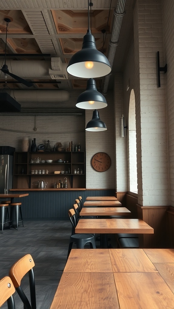 Interior of a rustic modern cafe featuring wooden tables and industrial light fixtures