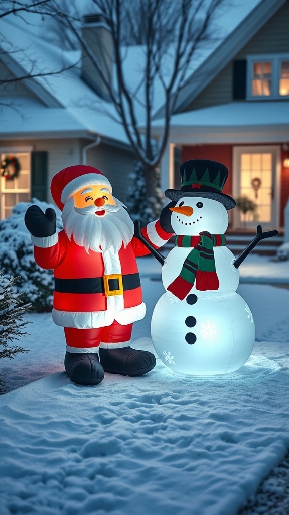 Inflatable Santa and snowman in a snowy yard