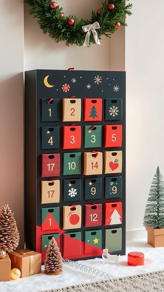 A modern advent calendar with festive designs and decorations