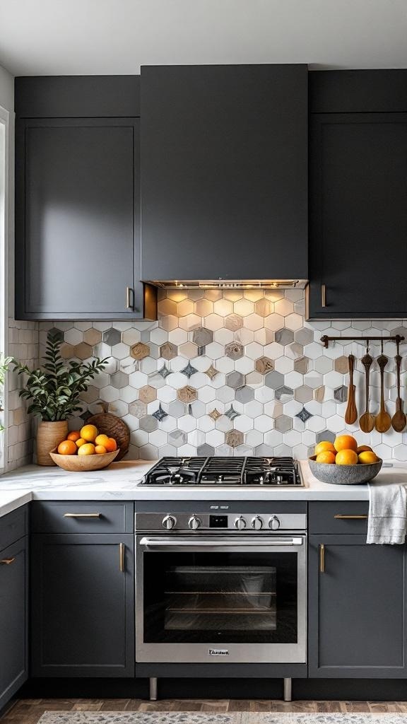 Modern kitchen with a hexagonal tile backsplash and dark cabinetry