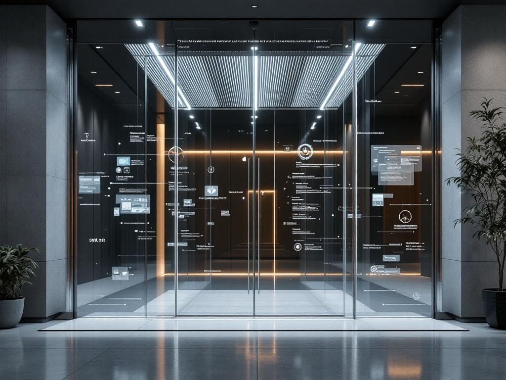 A modern glass entry divider with digital displays and ambient lighting.