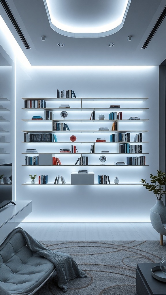 A modern floating bookshelf with soft lighting, displaying books and decorative items.