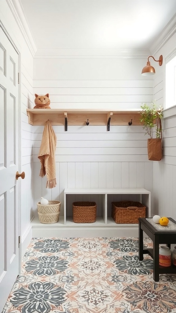A modern mudroom with patterned tile flooring, white shiplap walls, and wooden shelves.
