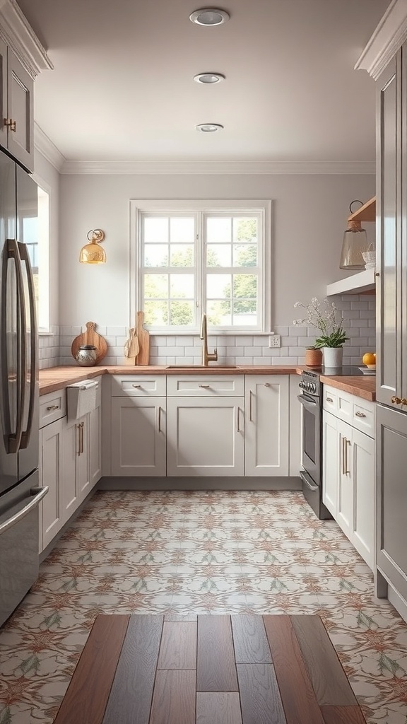 A modern kitchen with a mix of wood and patterned tile flooring.