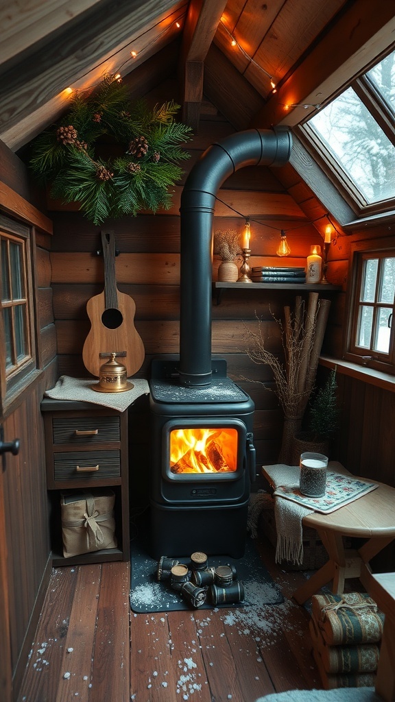 A rustic tiny house interior featuring a wood stove, warm lighting, and cozy decor.