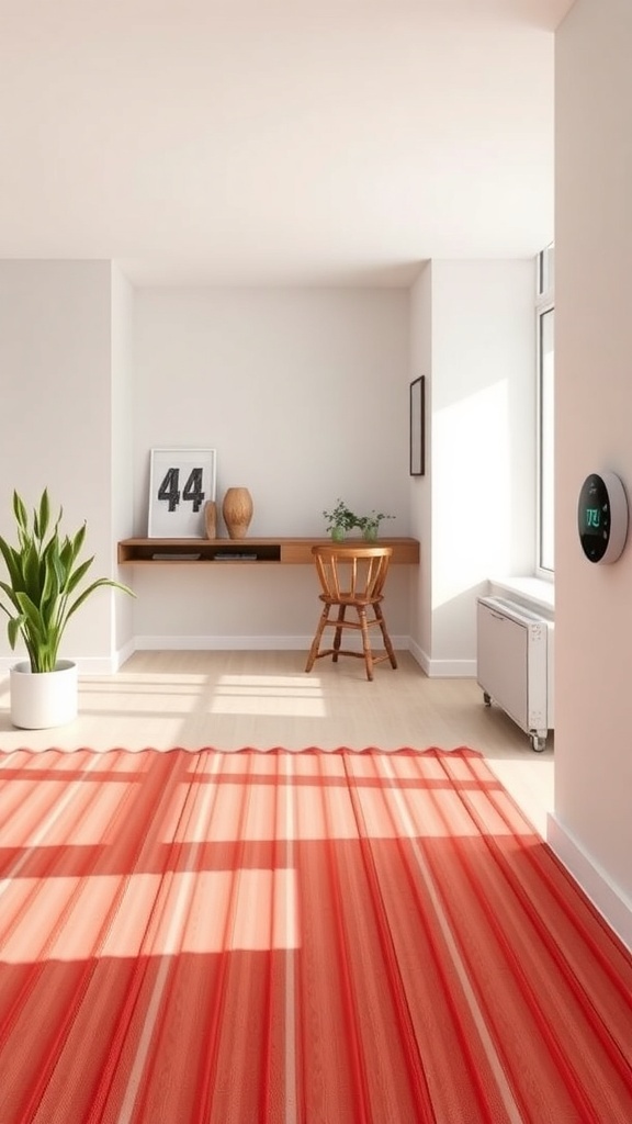 A bright and modern living room with a red striped rug, a plant, and a smart thermostat on the wall.