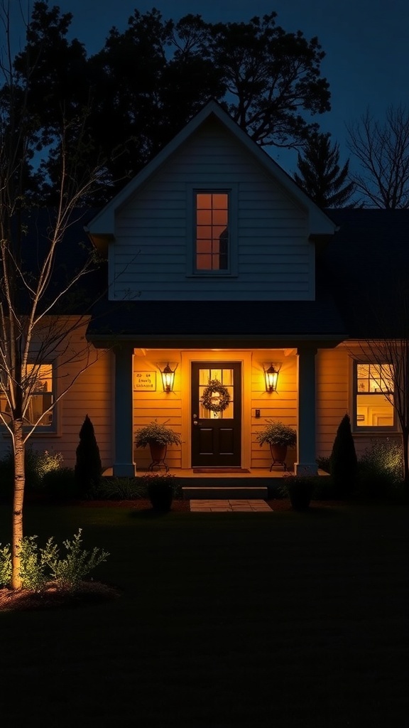 A modern farmhouse exterior at night with warm lighting fixtures.