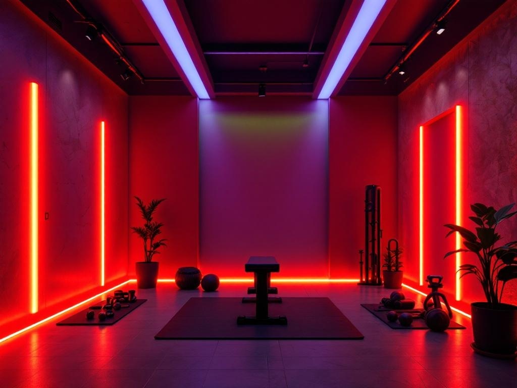 A modern home gym with vibrant red and blue LED lighting, showcasing gym equipment and plants.