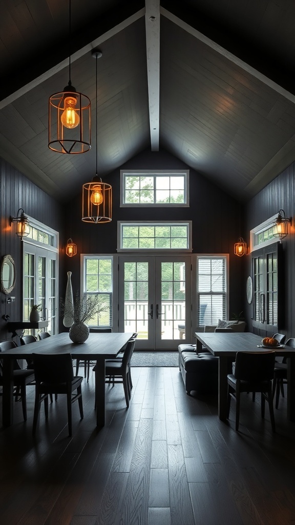 Interior of a black modern farmhouse with stylish lighting