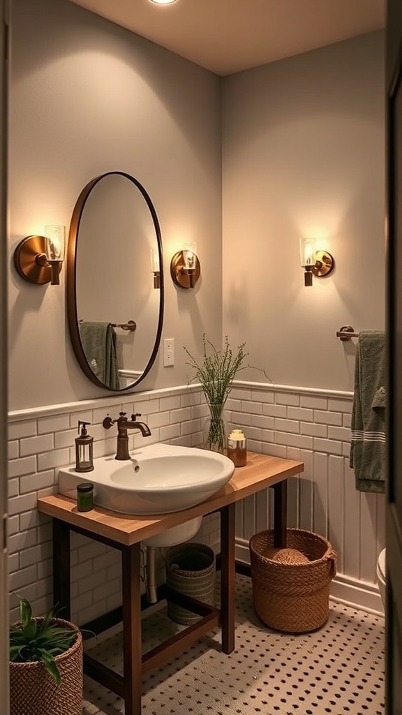 A stylish bathroom featuring warm lighting, a round mirror, and a wooden sink stand.