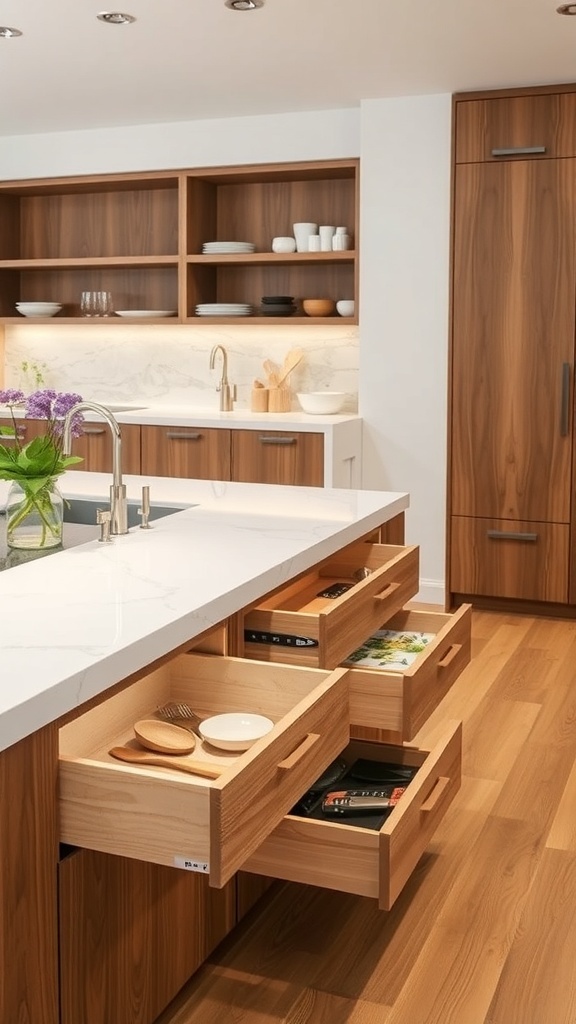 A modern kitchen peninsula with wooden drawers open, showcasing organized utensils and cookbooks.