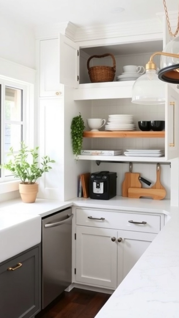 A modern farmhouse kitchen with innovative storage solutions, featuring open shelving, a basket, and plants.