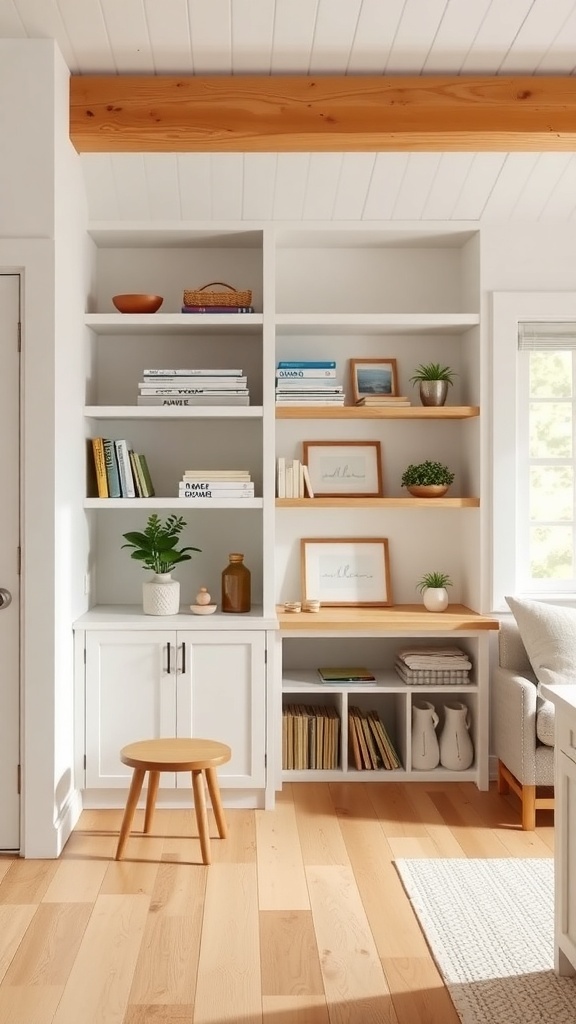 A modern farmhouse living space featuring open shelving with books and decor, a small stool, and a cozy atmosphere.