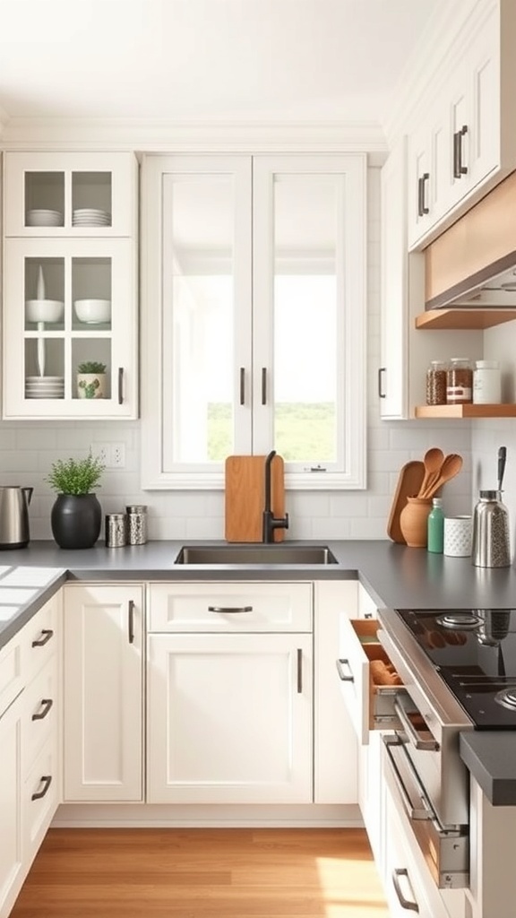 A modern farmhouse kitchen featuring white cabinets, open shelving, and a sleek countertop.