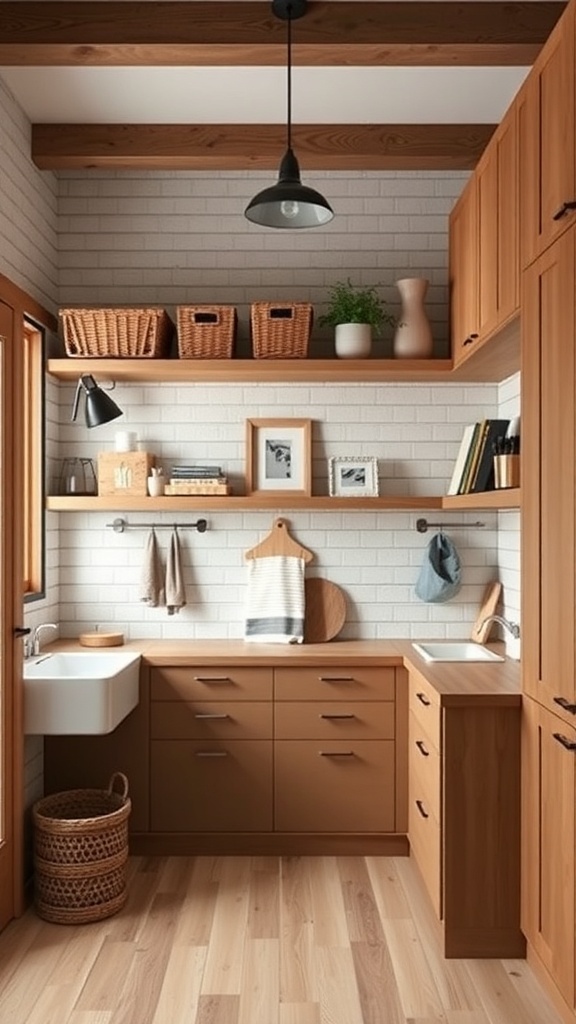 A rustic modern kitchen featuring wooden cabinets, open shelves with baskets, and a cozy design.