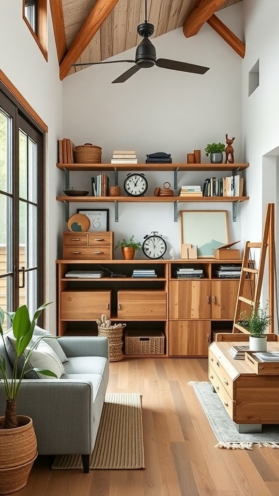 A cozy living room with wooden shelves, storage boxes, and a comfortable couch.