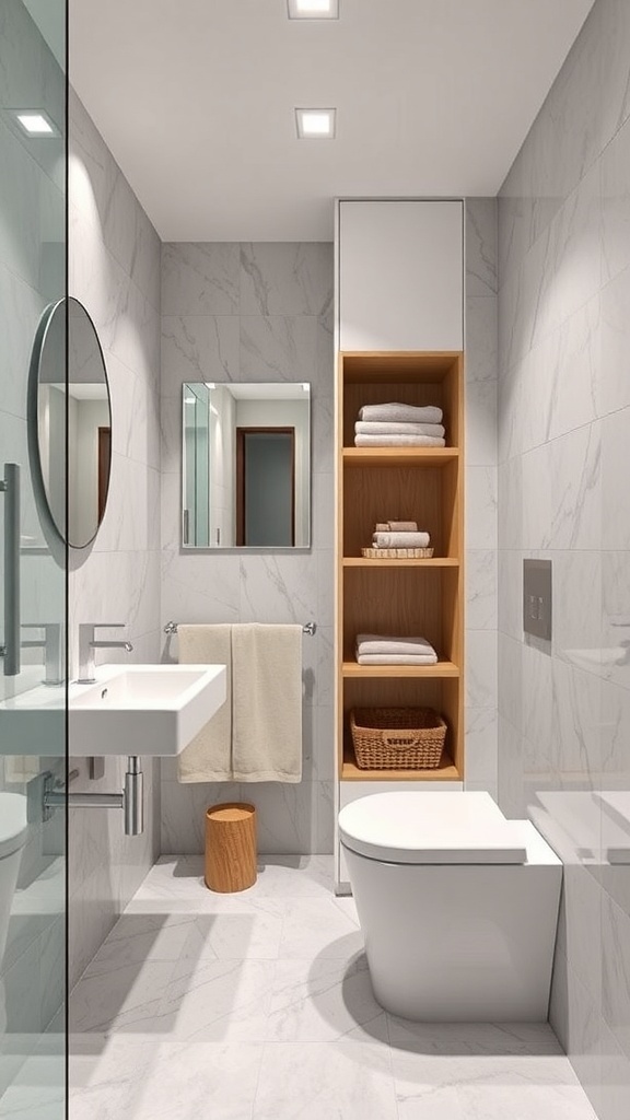 A modern bathroom featuring innovative storage solutions with open shelving and organized towels.