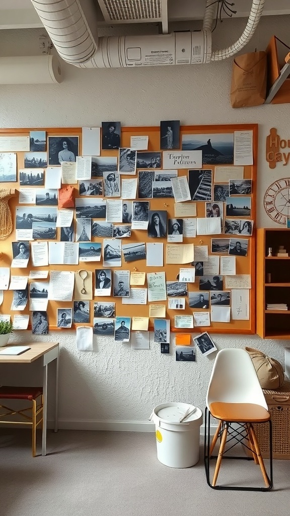 A cozy hobby room with a bulletin board filled with photos and notes.