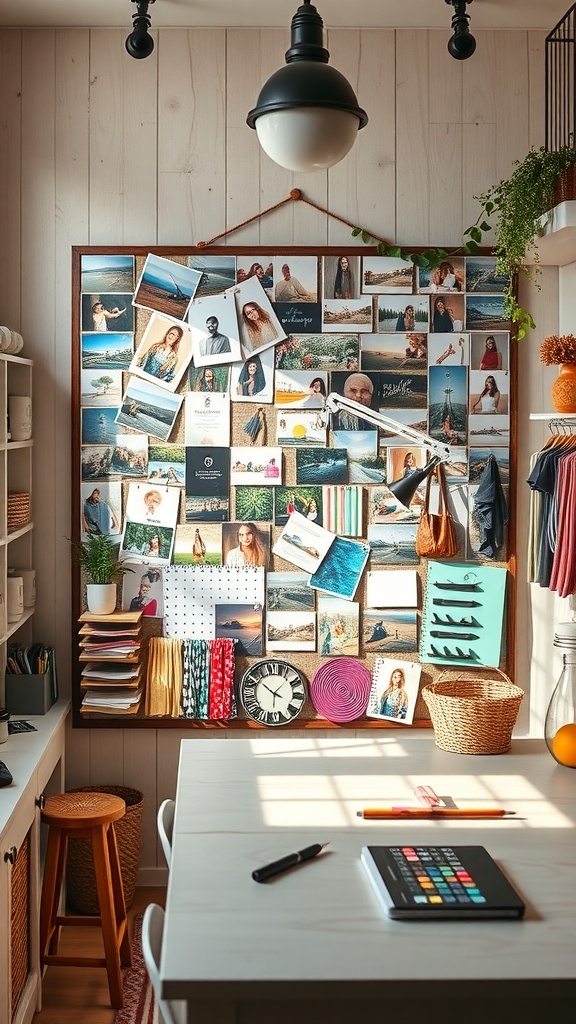 A colorful inspiration board filled with photos, notes, and a dress, showcasing creativity in a craft room.