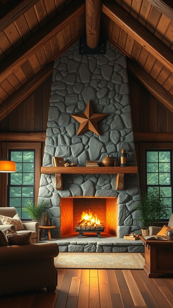 A rustic stone fireplace in a cozy cabin setting with wooden accents.