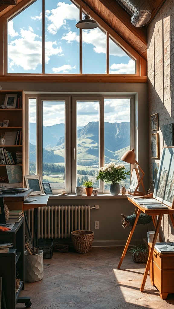 A bright artist's room with large windows showcasing mountain views, filled with art supplies and plants.