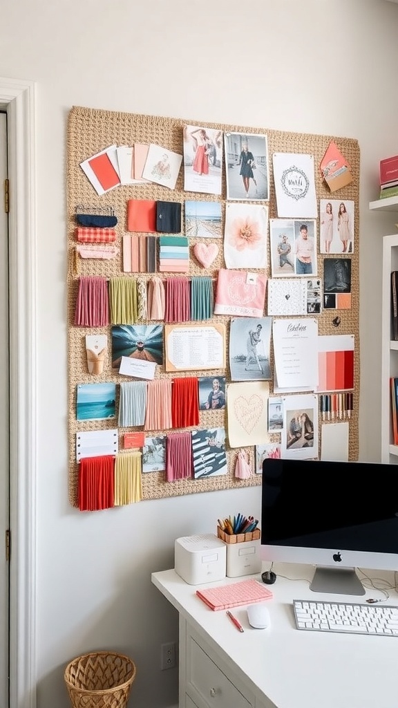 A corkboard filled with various images, notes, and decorative items, serving as a mood board in a craft room.