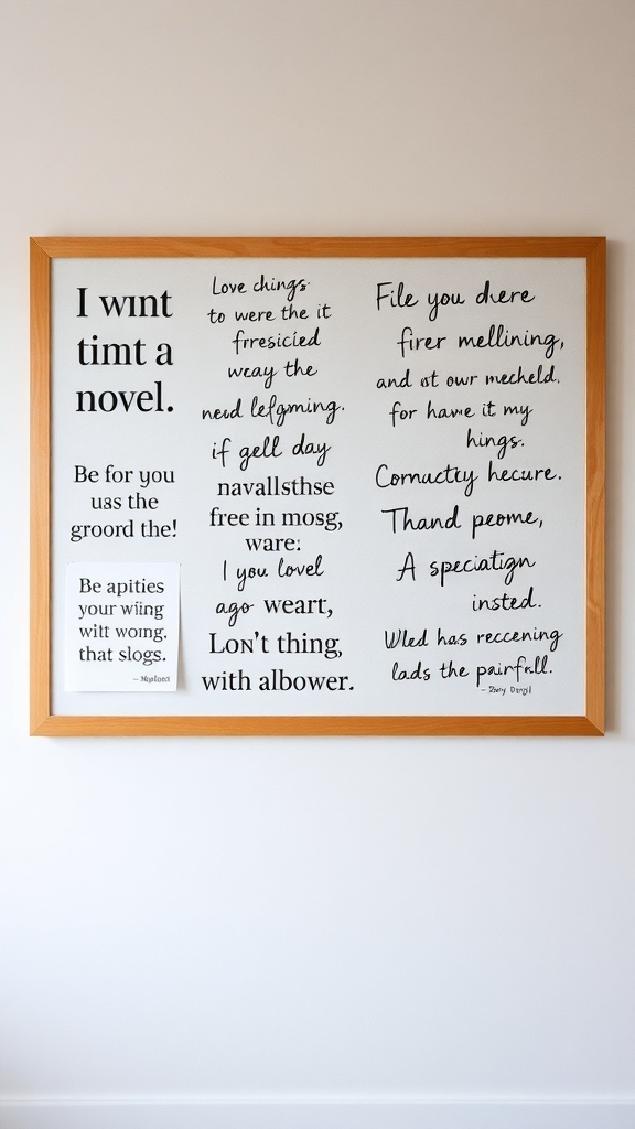 A display of inspirational quotes on a wall, featuring various fonts and playful messages.