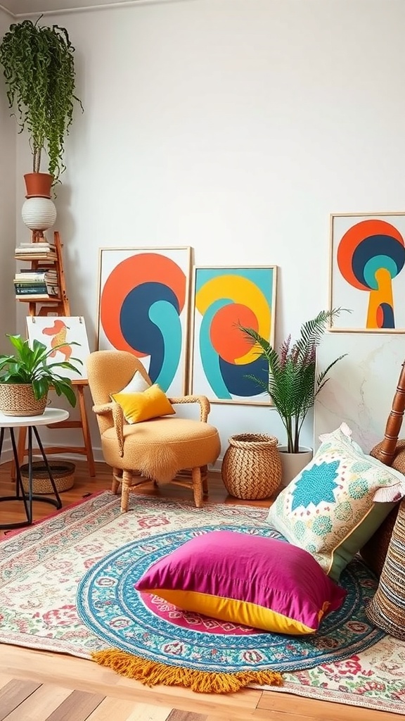 A cozy artist room featuring colorful artwork, a warm chair, vibrant pillows, and plants.