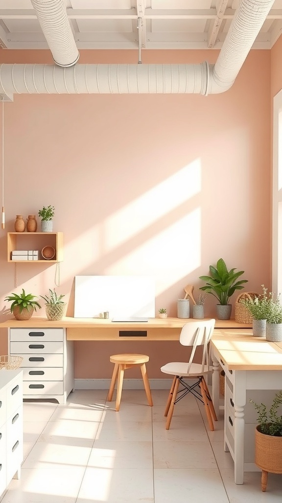 Cozy craft room with soft pink walls, wooden furniture, and plants.