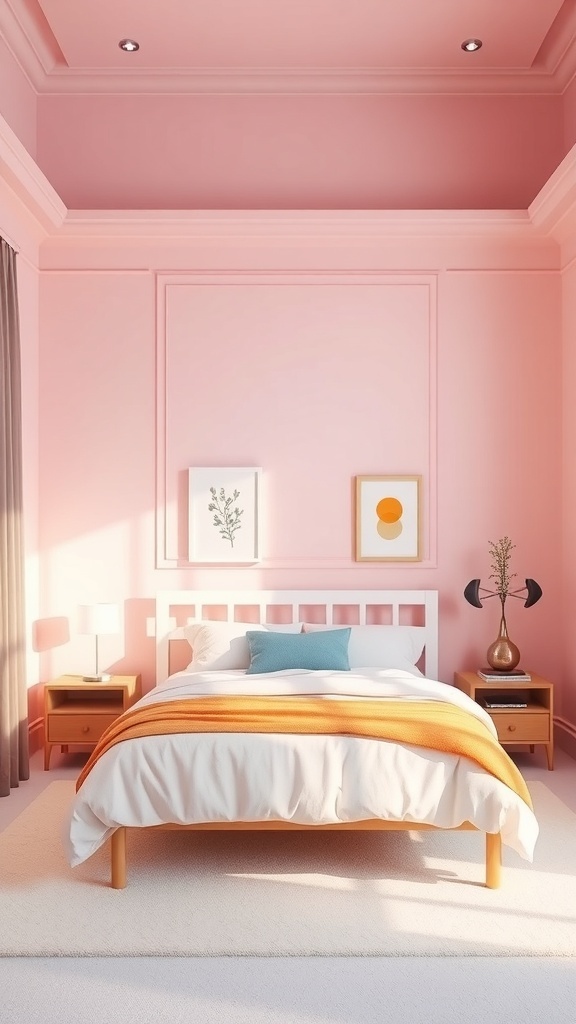 A cozy teen girl's bedroom with pink walls, a white bed, and colorful decor.