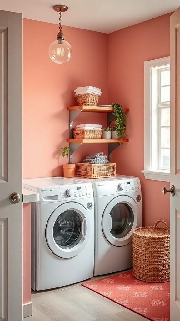A cozy laundry room featuring coral walls, white appliances, and natural decor.