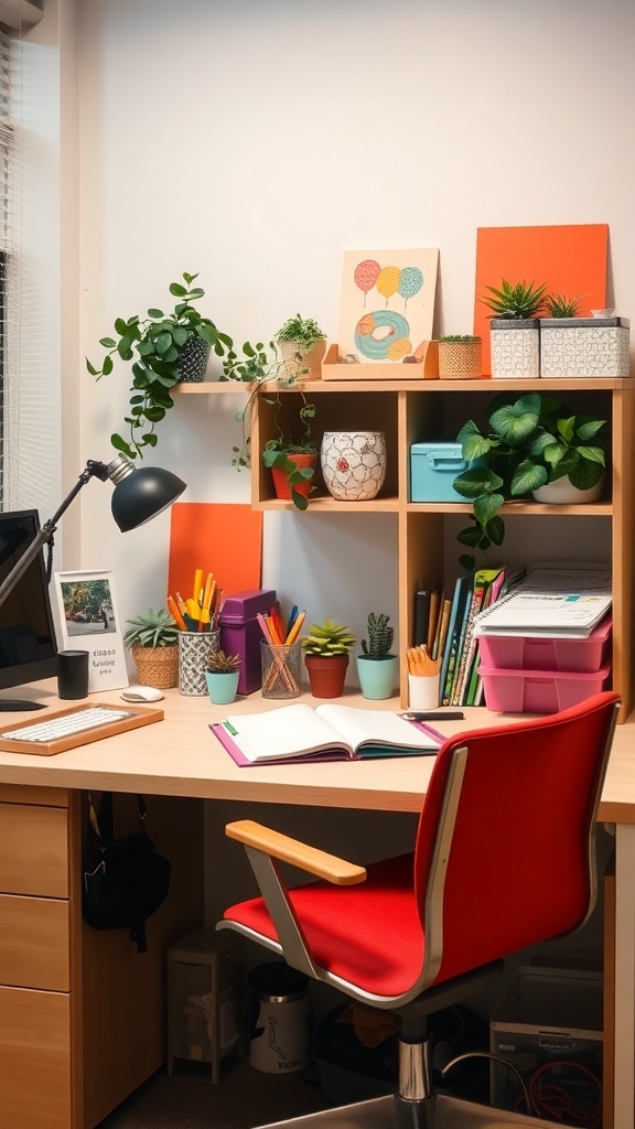 A well-organized desk with plants, books, and colorful storage in a bright room