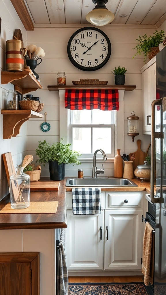 A cozy tiny farmhouse kitchen with wooden shelves, a clock, and fresh flowers.