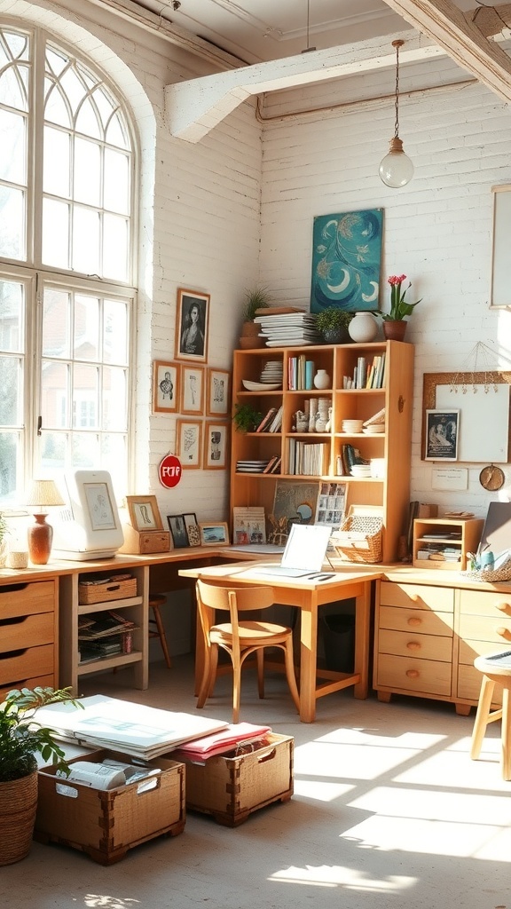 A bright vintage craft room with large windows and wooden furniture.