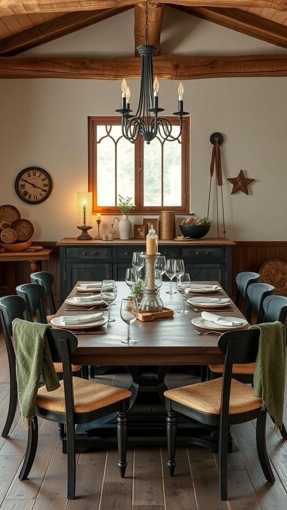 A rustic dining room featuring a wooden table, black chairs, and warm lighting.