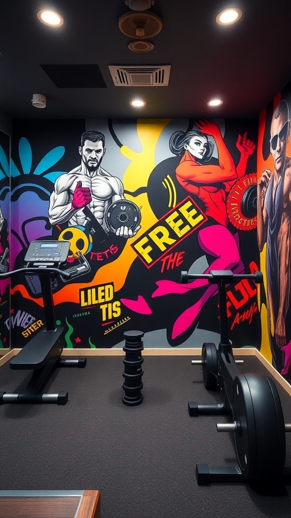 A home gym with motivational wall art and fitness equipment.