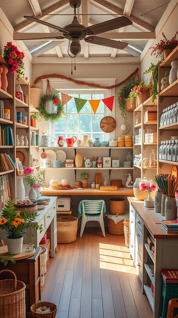 Colorful wall art and decorations in a craft room