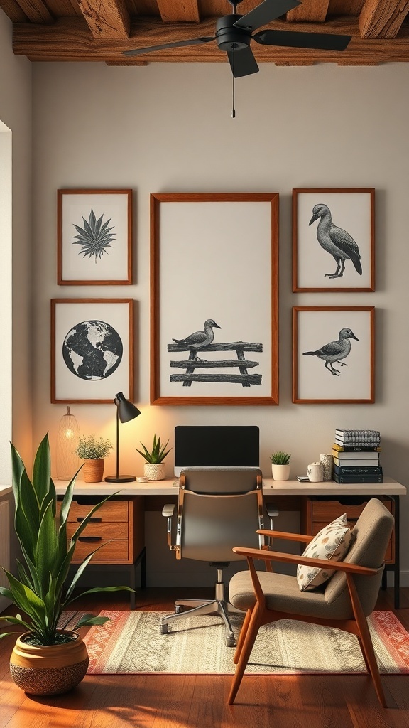 A modern farmhouse office with inspiring wall art and quotes.