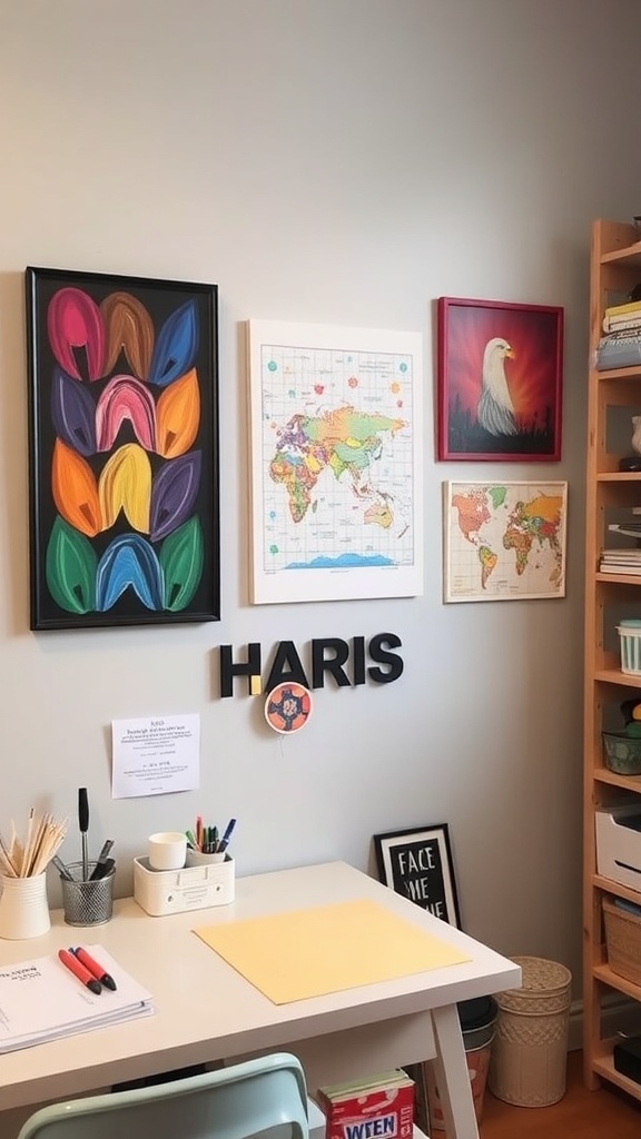 A colorful craft room wall filled with motivational quotes and art prints.