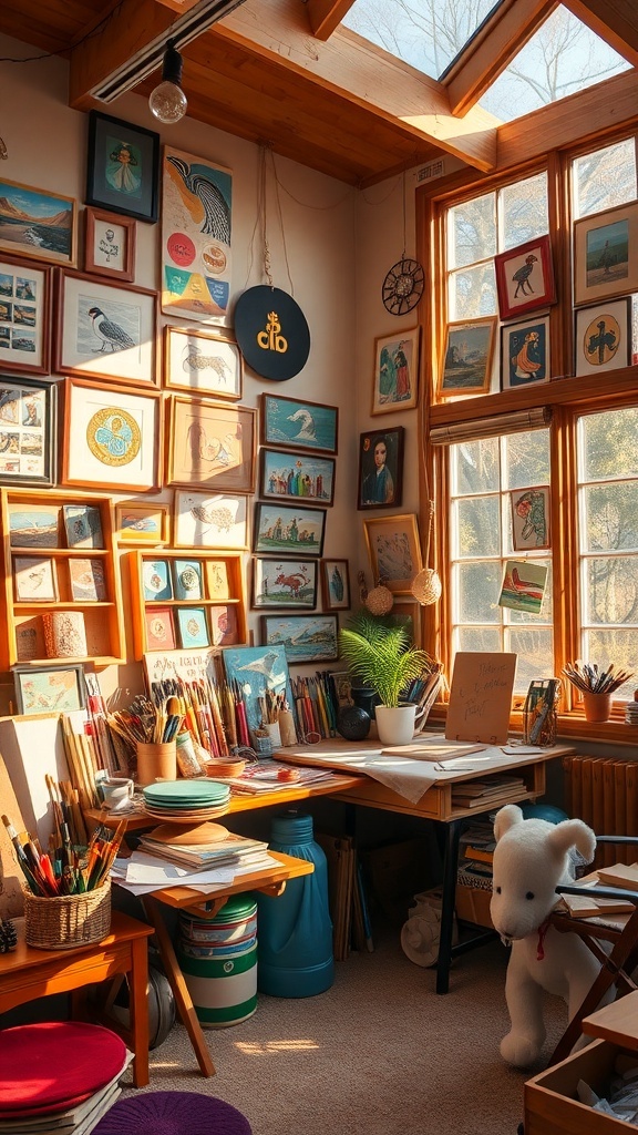 A cozy hobby room with colorful wall art and a wooden desk.