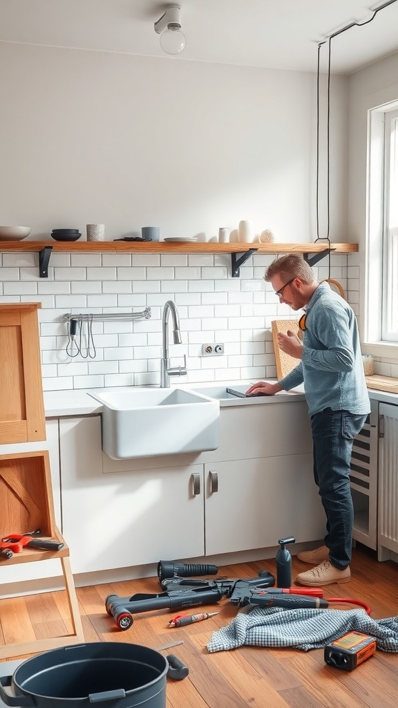 A person installing a farmhouse kitchen sink in a modern kitchen.