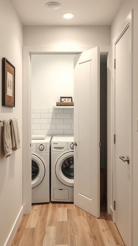 A modern laundry room featuring a pocket door that slides into the wall, showcasing a clean and organized space.