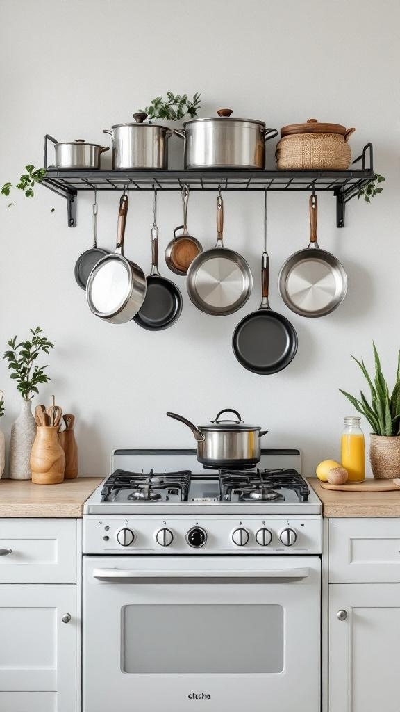 A small kitchen with a black pot rack holding pots and pans above a stove, complemented by decorative items and greenery.