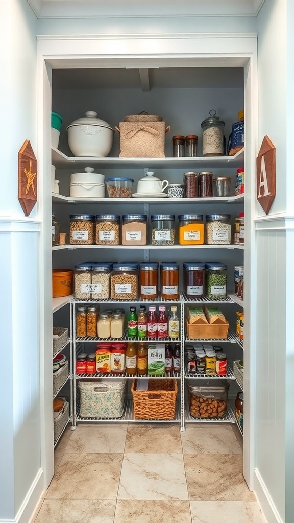 A well-organized pantry with jars, baskets, and beach-themed accents.