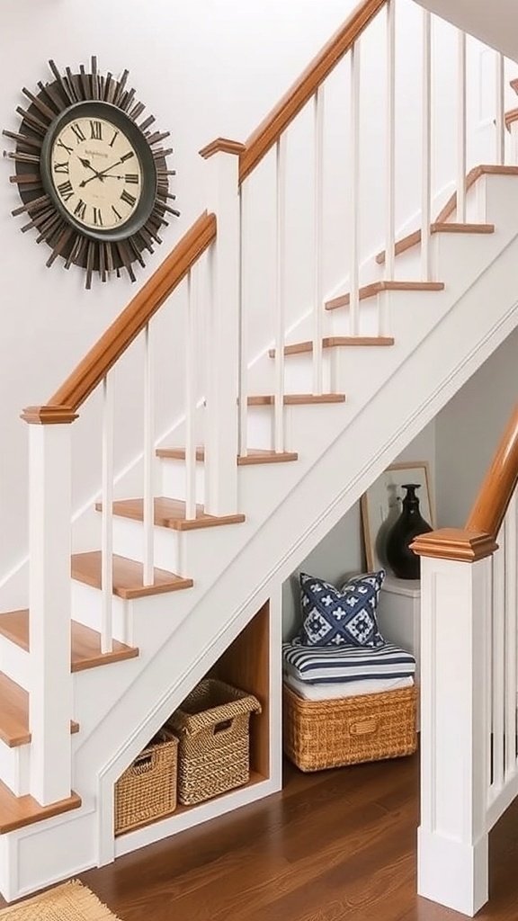 Modern farmhouse staircase with integrated storage solutions under the stairs.