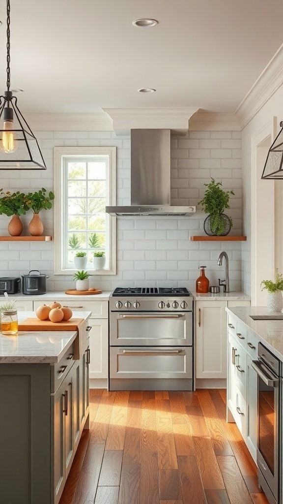 A modern farmhouse kitchen featuring integrated technology and stylish design.